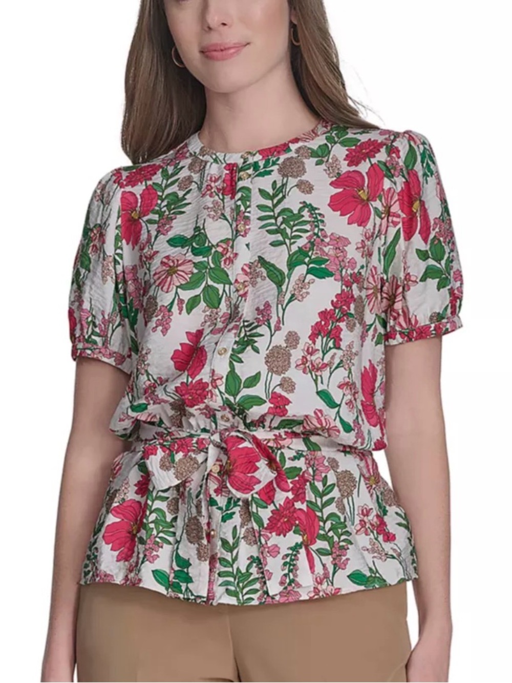Tommy Hilfiger Floral Tie-Waist Short Sleeve Top, Small, White/Pink/Green. NWOT
